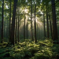 Obraz premium A breathtaking forest panorama, with tall, dense trees standing in the foreground, their trunks rough and textured. 