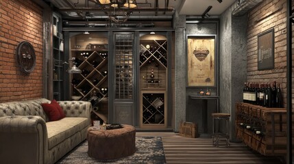 A vintage wine storage area in a contemporary-designed living room.