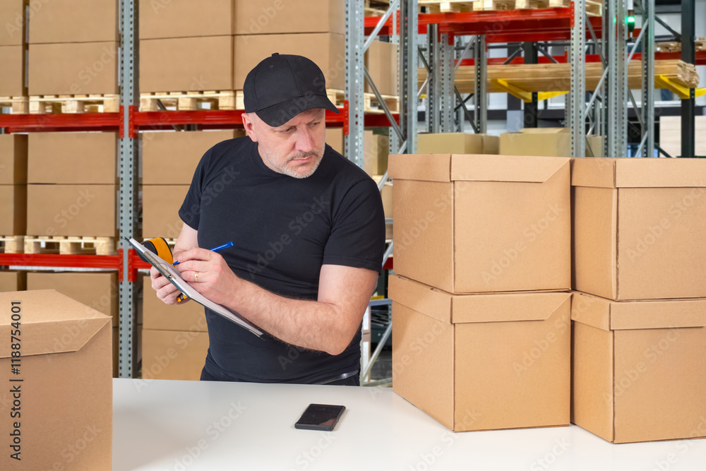 Poster man warehouse manager. supervisor makes audit at distribution center. table with boxes near storekee