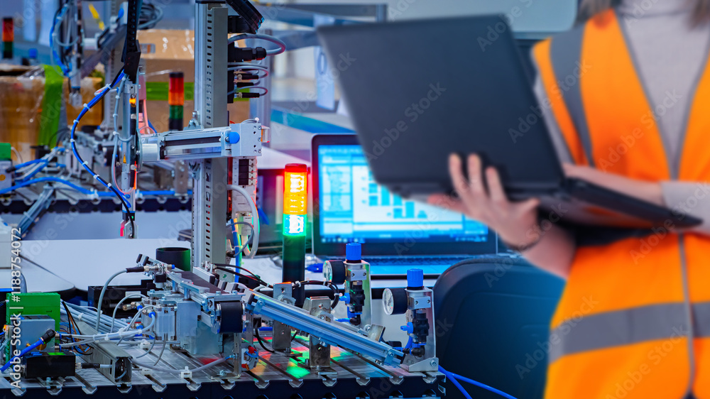 Aufkleber industrial automation. development of robots for factory. science of mechatronics. cropped woman wit