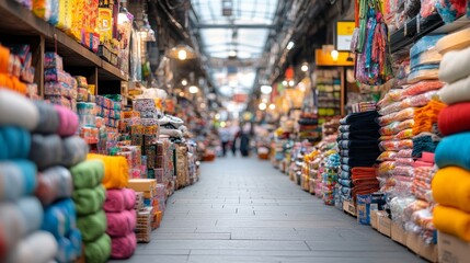 Fototapeta premium Colorful textile market aisle filled with vibrant fabric, threads, and crafts in a busy shopping environment showcasing diverse handmade materials and artistic supplies.