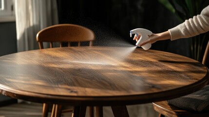 Obraz premium A woman using a detergent spray to clean a dining table.