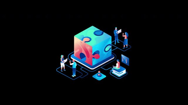 A vibrant 2D illustration featuring diverse people working together with a colorful cube, showcasing collaboration and technology.