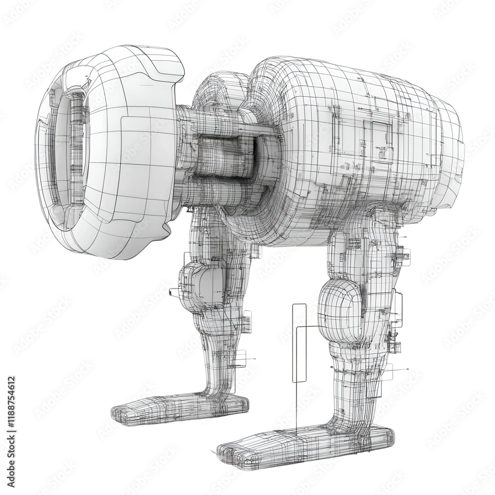 Poster a stylized robotic figure with a complex wireframe design, showcasing futuristic features and mechan