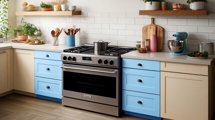 Modern Kitchen Design with Stainless Steel Range and Light Blue Cabinets