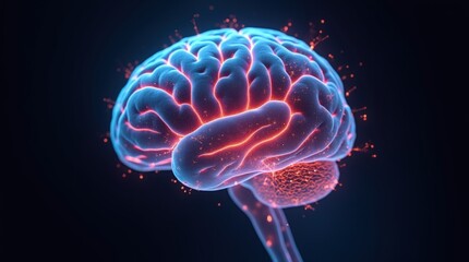 Neural Brain Energy Concept Image, Realistic Human Brain Highlighted by Glowing Synaptic Connections and Colorful Neural Lines