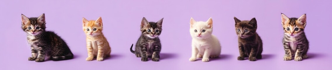 6 different kittens isolated on a purple background, cute and adorable creatures, full-body