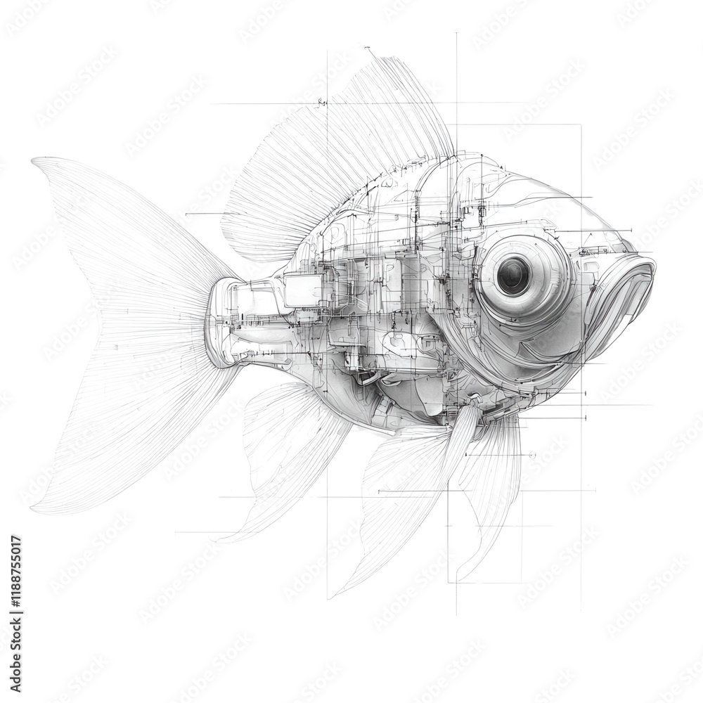 Poster a detailed, technical illustration of a fish showcasing its internal structure with mechanical eleme