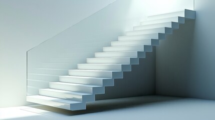 Modern white staircase with glass railing in a minimalist interior.