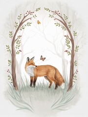Fototapeta premium Watercolor illustration, cute fox, forest scene, arched tree frame, delicate butterflies, soft pastel colors, whimsical, ethereal, nature-inspired, detailed flora, misty background, storybook art styl