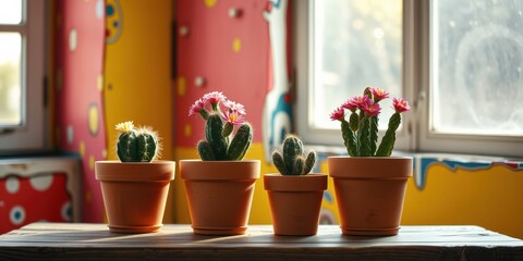 Vibrant potted succulents with blossoms displayed on a rustic wooden surface against a colorful backdrop