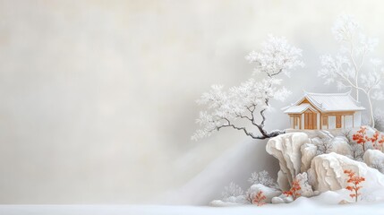 Serene Winter Landscape with Elegant Traditional House on Rocky Outcrop Surrounded by Snowy Trees, Blossoms, and Calm Atmosphere for Tranquility and Peaceful Vibes