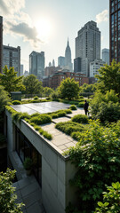 Fototapeta premium Rooftop solar panel installation with city skyline in background.