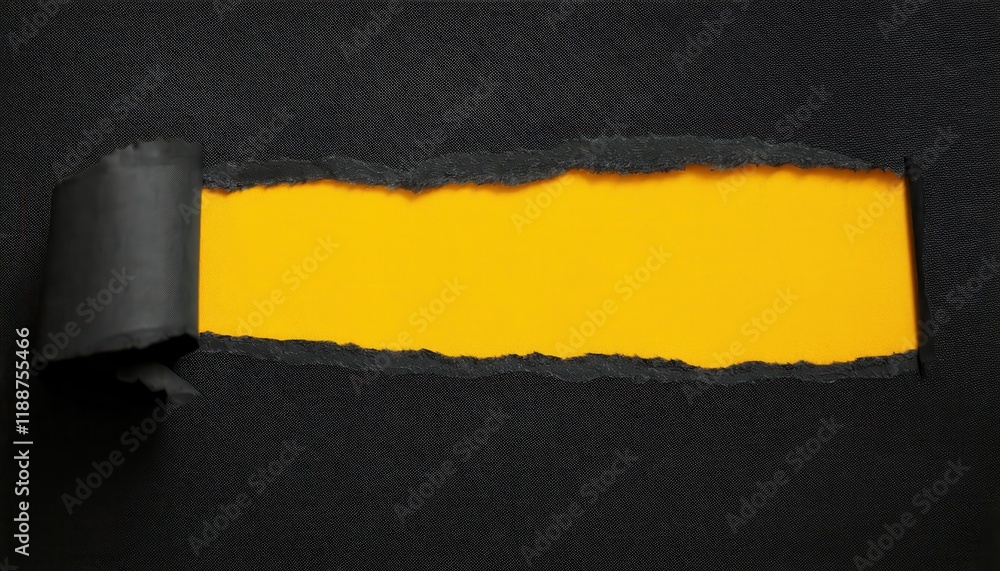 Poster torn black paper revealing vibrant yellow background with textured edges, minimalist graphic design 