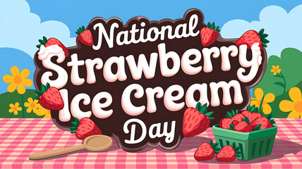National Strawberry Ice Cream Day Text Banner illustration with pink ice cream scoops and fresh strawberries