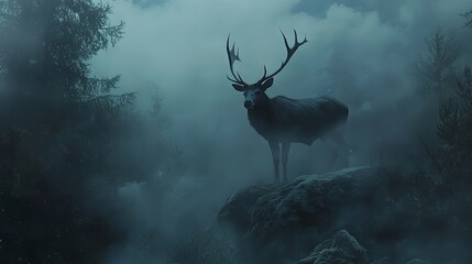 Mystical Deer in Foggy Forest Landscape