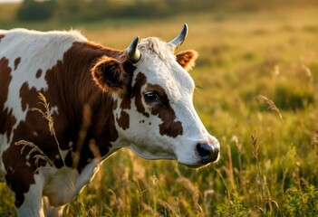 Close-up of spotted dairy cow in sunny golden field. Brown and white cattle grazing in lush grass at sunset. Farm animal portrait for agriculture, dairy industry, and rural lifestyle concepts