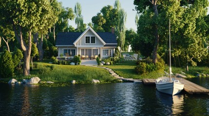 Obraz premium Lakeside Cottage Dream Home Peaceful Summer Escape Waterfront Living