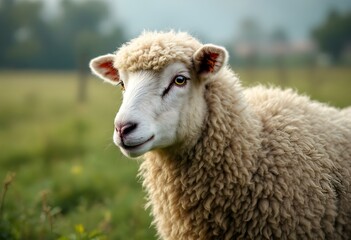 Obraz premium Fluffy white sheep in green pasture. Close-up portrait of a curious farm animal. Rural scene with woolly livestock. Agricultural concept for farming, wool production