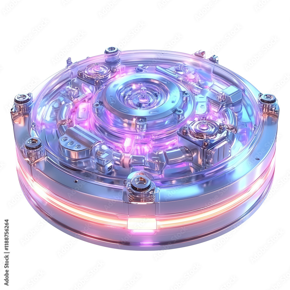 Poster a circular, futuristic device featuring intricate patterns and glowing lights, showcasing a blend of
