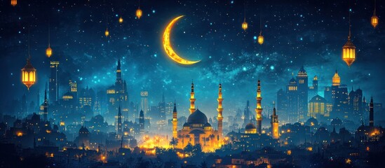 Night Cityscape Crescent Moon, Lanterns, Festive