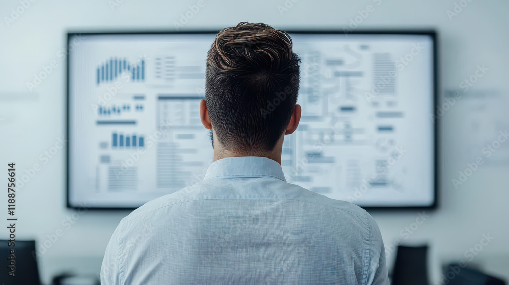 Aufkleber rank coordinator in networking themed, man observes data analytics on large screen in modern office