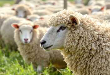Fototapeta premium Close-up of fluffy white sheep in grassy field. Flock of wooly farm animals on pasture. Cute livestock portrait. Agricultural scene. Wool industry and farming concept