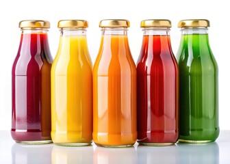 Colorful Juice Bottles Golden Caps, Bright Juicy Drinks,  Studio Photography, Product Shots