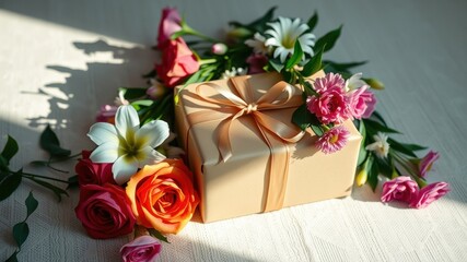 A gift wrapped in beige paper with a satin ribbon, surrounded by a vibrant bouquet of roses and other flowers in a sunlit setting.