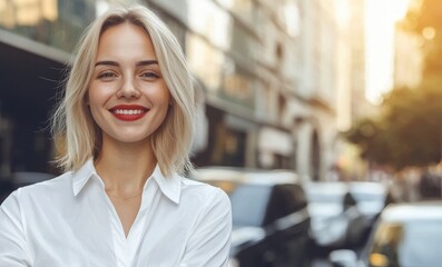 Beautiful blonde woman smiling confidently in white shirt against urban background with sunlight illumination