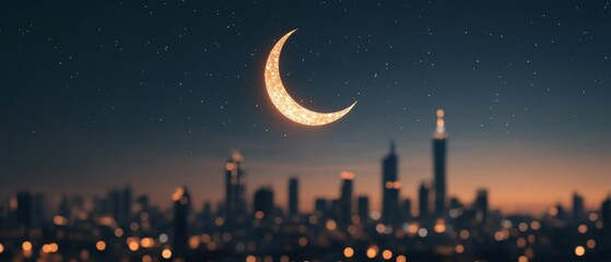 Naklejka premium A stunning crescent moon above a city skyline adorned with glowing Ramadan lights representing blessings and community