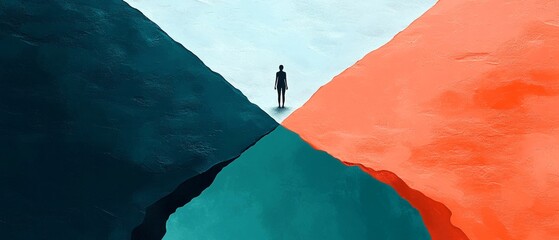 A person standing at crossroad, contemplating two distinct paths ahead. contrasting colors evoke sense of choice and decision making