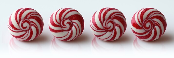 Four red, white peppermint candies isolated on white background. Colorful swirl design. Sweet holiday treat. Perfect for celebrations, festive occasions. Ideal for party supplies as gift. Delicious,