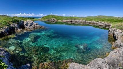 Fototapeta premium Tranquil Coastal Scene with Clear Aquamarine Waters, Rugged Rocks, and Lush Green Hills Under a Bright Blue Sky on a Sunny Day