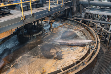 Flotation and processing for copper ore. Closeup of fine pulp with bubbles, concentration plant