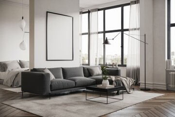 Fototapeta premium Modern loft apartment, large windows, city skyline view, industrial chic interior, gray sofa, round coffee table, hardwood floors, minimalist decor, framed artwork, natural light, cozy throw blanket, 