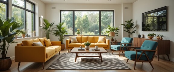 Obraz premium Sunlit Living Room: Mid-Century Modern Design with Yellow Sofa and Teal Armchairs