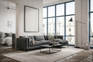 Modern loft apartment, large windows, city skyline view, industrial chic interior, gray sofa, round coffee table, hardwood floors, minimalist decor, framed artwork, natural light, cozy throw blanket, 