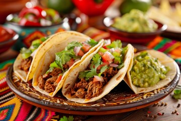 Traditional Mexican Tacos with Cilantro, Tomatoes, and Guacamole