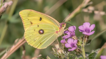 Pale Yellow Butterfly on Purple Flower Delicate Nature Scene Closeup
