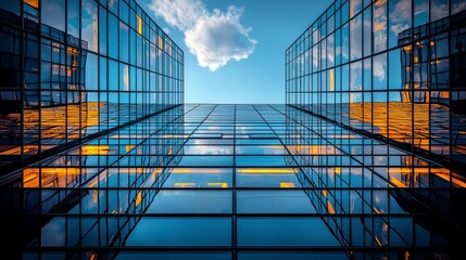 Obraz premium Low angle view of modern glass skyscrapers reflecting sky and clouds.