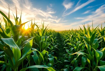Sunset over lush green corn field. Vibrant agricultural landscape with rows of maize plants under blue sky with wispy clouds. Summer farm scenery for agriculture themes