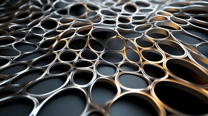 **An intricate latticework of gleaming silver and gold lines forming a honeycomb-like pattern