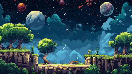 Pixel Art Fantasy Landscape: Alien Planets Over Lush Greenery