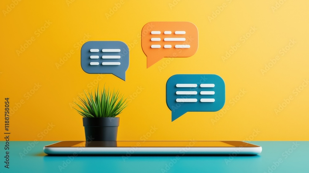 Poster a live chat window with quick and helpful responses displayed on a tablet.