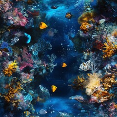 Naklejka premium Vibrant underwater scene with colorful coral reef, diverse fish species, and sunbeams penetrating the ocean surface. Ideal for marine life, nature, and ocean themed projects.