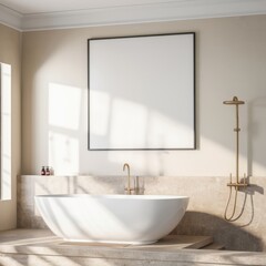 Minimalist bathroom interior, freestanding white bathtub, large square mirror, beige textured walls, natural sunlight, wooden floor, brass fixtures, zen atmosphere, high-end design, clean lines, spaci