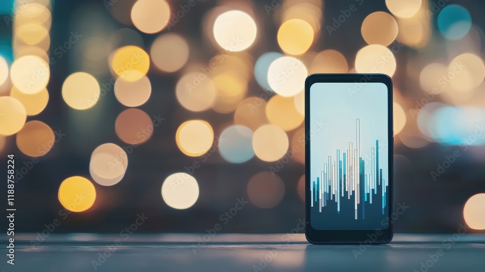 Poster smartphone displaying financial data over abstract colorful bokeh background