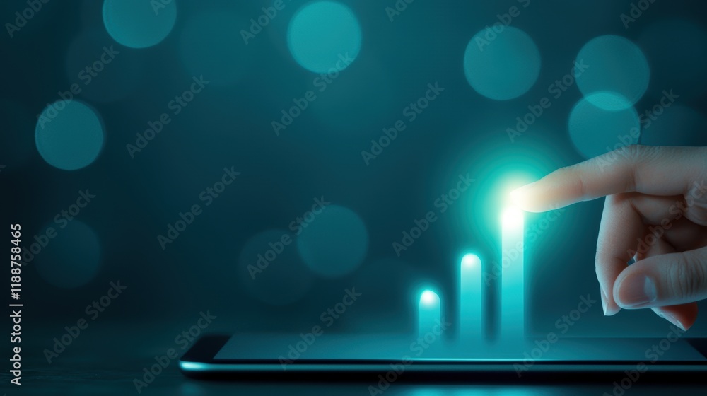 Poster touching digital interface with growing bar graph on smartphone screen