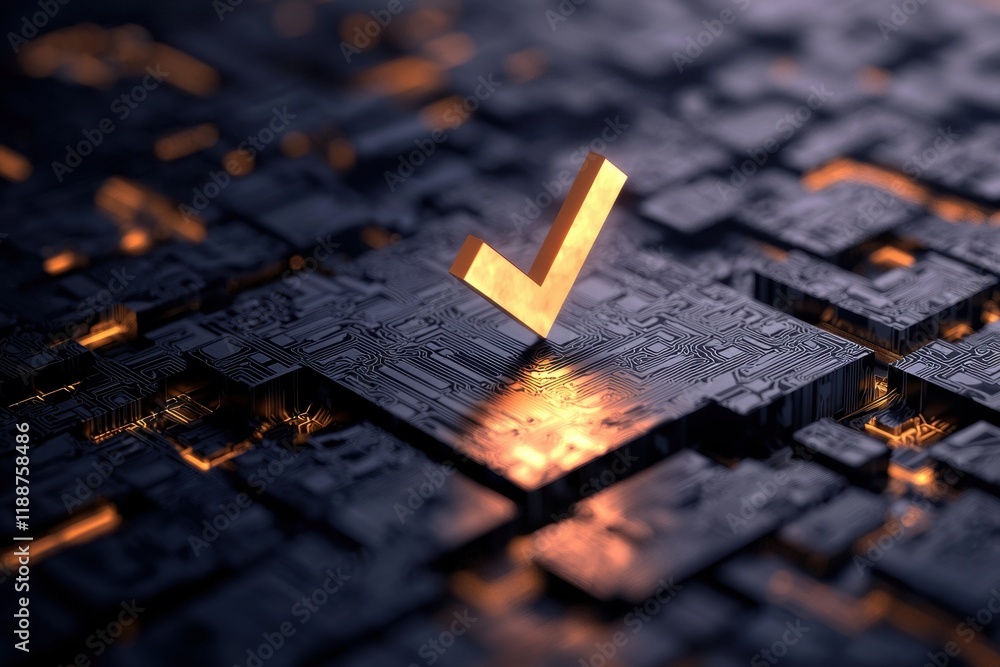 Poster digital confirmation symbol on circuit board with glowing elements and dark design